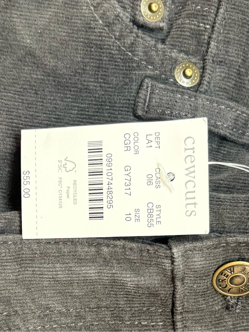 Crewcuts by J. Crew gray corduroy stretch pants- size 10- NWT